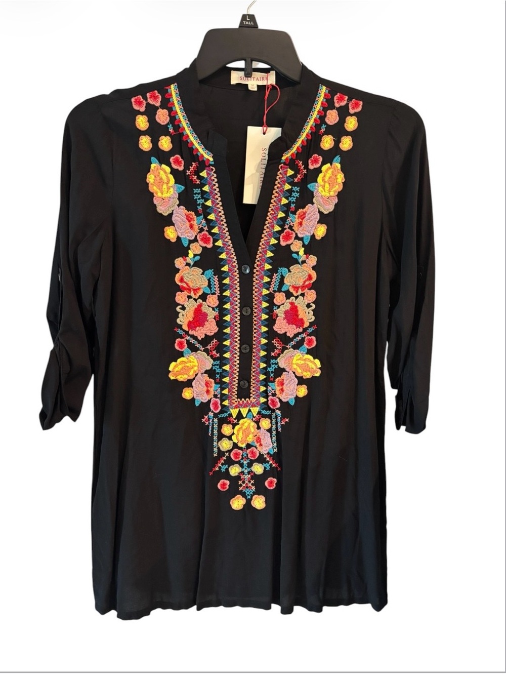 NWT Women’s Solitaire Black Embroidered Floral detail V-Neck Tunic Top